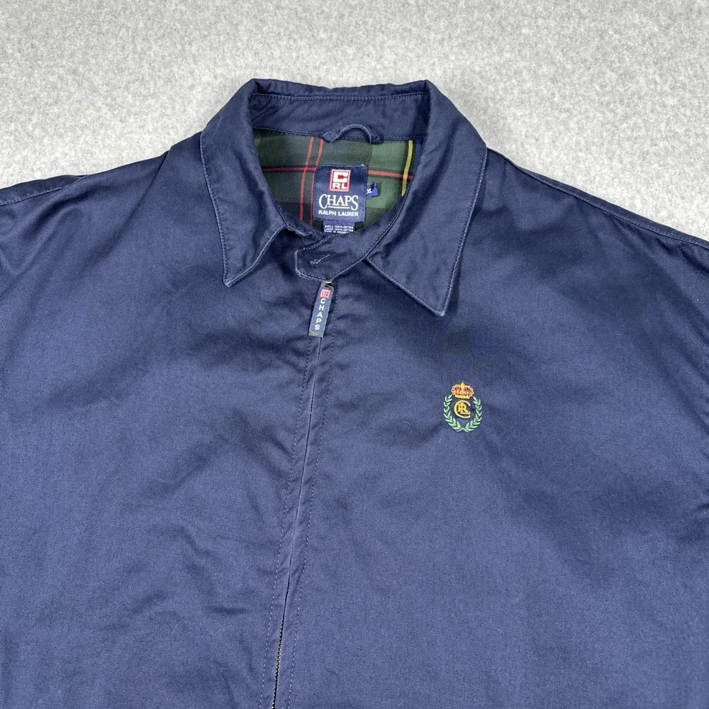 Vintage Chaps Ralph Lauren XL Harrington Jacket Navy Blue Crest Logo Plaid Lined